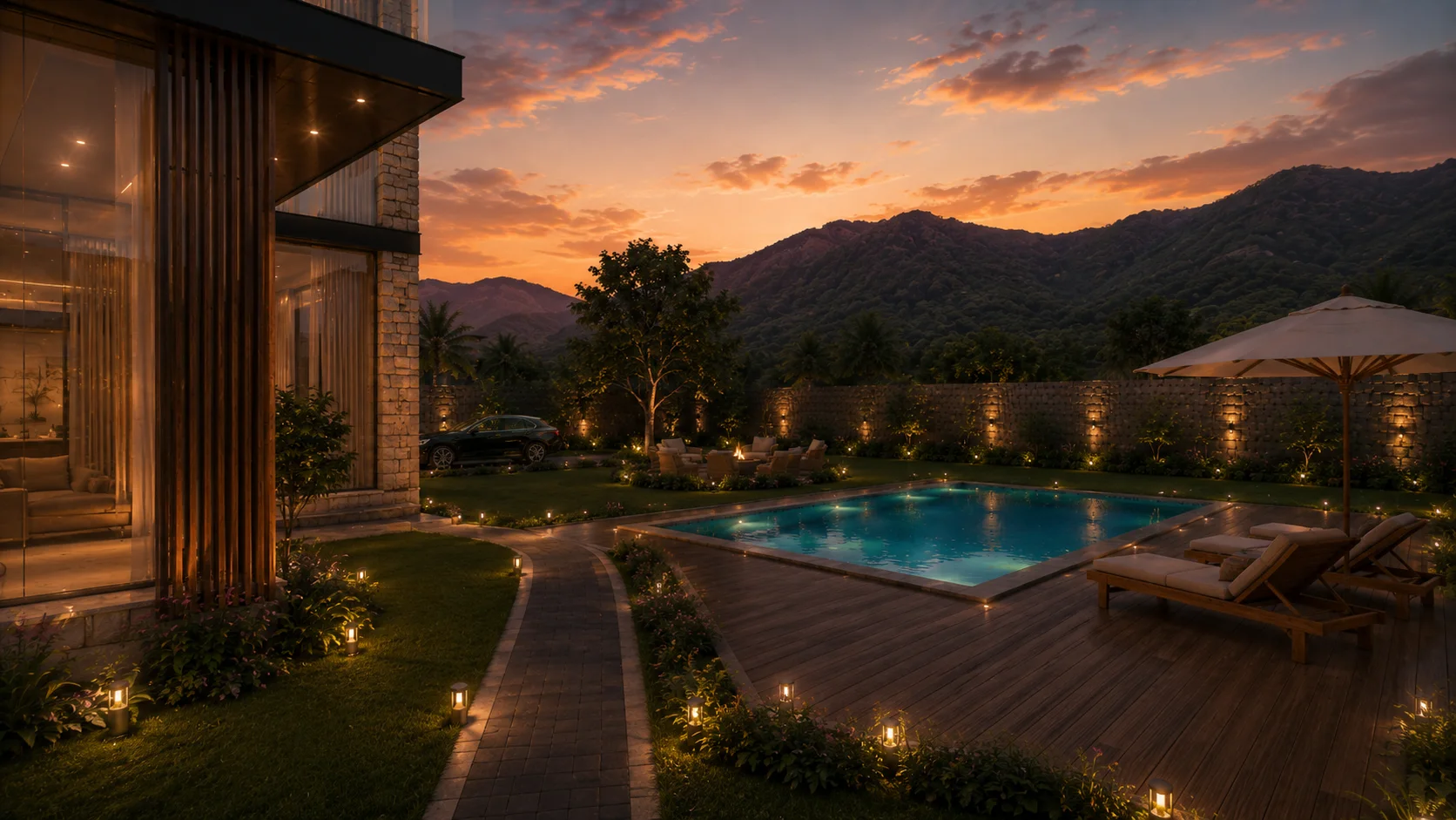 Garden view of a signature farmhouse