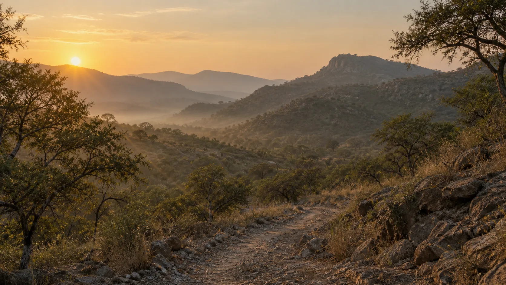 Atmospheric view inspired by the Aravalli forest landscape around Sariska