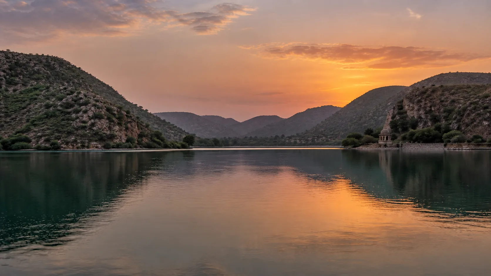 Atmospheric view inspired by Siliserh Lake and the surrounding Aravalli hills
